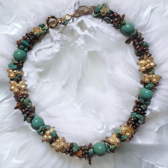 Genuine .925 Sterling Silver Necklace Czech Glass Seed Beads Pearl Turquoise - Picture 1 of 6